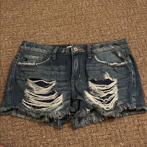 Women's Distressed Dark Blue Denim Jean Shorts with Frayed Hem